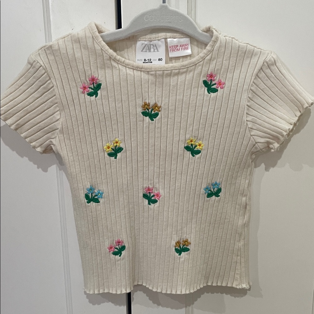 Zara Cream Ribbed Tee with Multicolor Floral Embroidery